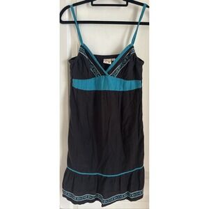 Y2K Roxy Sundress Beach Surf Dress Black Teal Flowy Mini Straps Sz Medium